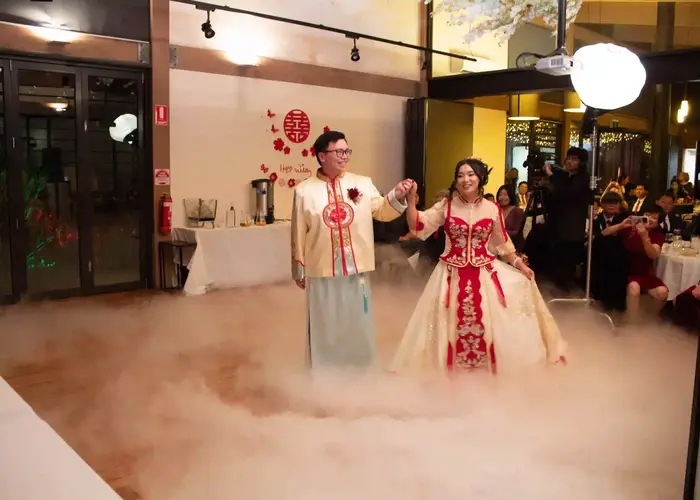 Couples first dance on a cloud with dry ice effect by Matt Jefferies Entertainment Olinda Tea House Wedding DJ